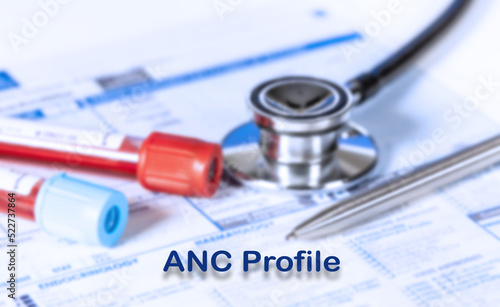 ANC Profile Testing Medical Concept. Checkup list medical tests with text and stethoscope