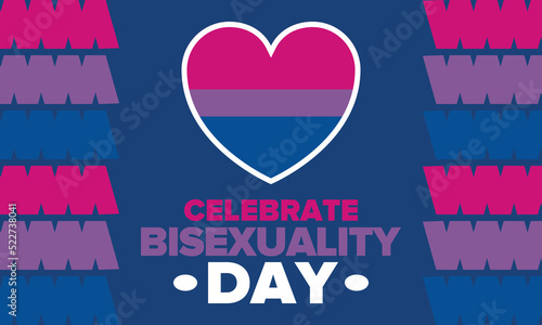 Celebrate Bisexuality Day. Bisexual Pride and Bi Visibility Day. Bisexual flag. Coming out. Celebrated annual in September 23. Festival and parade. Poster, card, banner, template, background. Vector