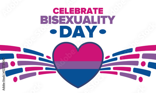 Celebrate Bisexuality Day. Bisexual Pride and Bi Visibility Day. Bisexual flag. Coming out. Celebrated annual in September 23. Festival and parade. Poster, card, banner, template, background. Vector