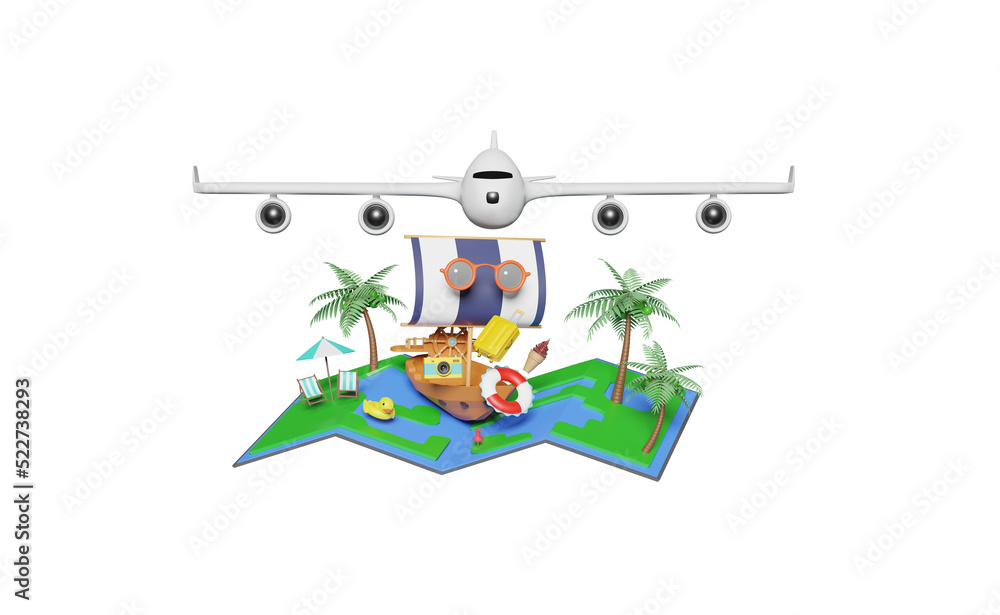 Fototapeta premium 3d ship with plane, map, pin, umbrella, palm, tree, camera, suitcase, lifebuoy, beach chair, duck isolated. abstract background, map earth, summer travel concept, 3d render illustration