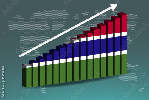 Gambia 3D bar chart graph vector, upward rising arrow on data, country statistics concept