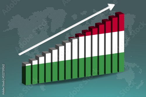 Hungary 3D bar chart graph vector, upward rising arrow on data, country statistics concept