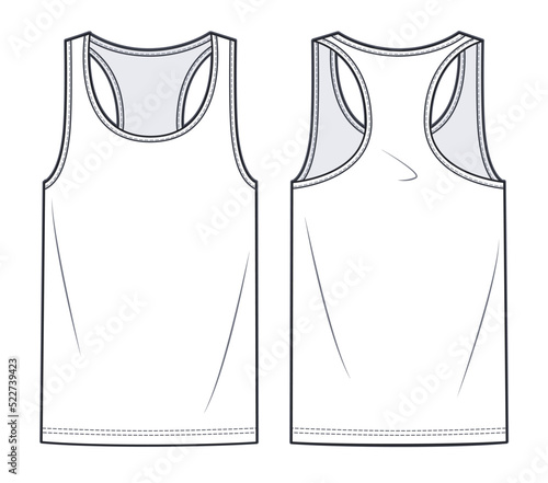 Unisex Tank Top technical fashion illustration. Jersey Tank Top technical drawing template, crew neckline, front, back view, white colour, women, men, unisex CAD mockup.