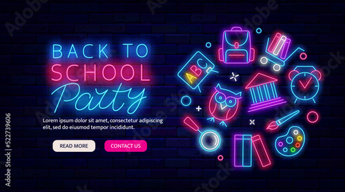 Back to school party neon flyer. Circle layout with icons. Glowing greeting card. Vector stock illustration