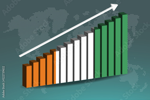 Ivory Coast 3D bar chart graph vector, upward rising arrow on data, country statistics concept