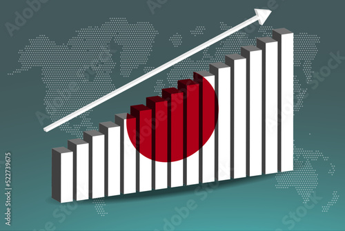 Japan 3D bar chart graph vector, upward rising arrow on data, country statistics concept
