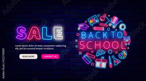 Back to school sale neon flyer promotion. Circle layout with icons and headline text. Vector stock illustration