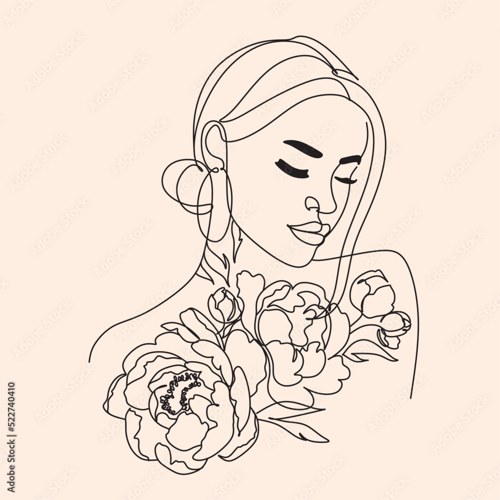 Line art minimalist floral woman face . beauty salon logo. Peony ...