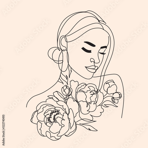 Line art minimalist floral woman face . beauty salon logo. Peony flowers
