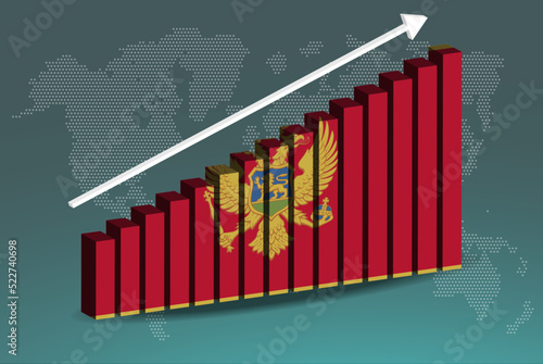 Montenegro 3D bar chart graph vector, upward rising arrow on data, country statistics concept