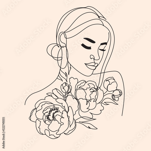 Peony woman line art portrait. Flower Head Woman Line Drawing. Surreal Minimalist Art. Beauty Salon logotype. Long Lash tattoed girl
