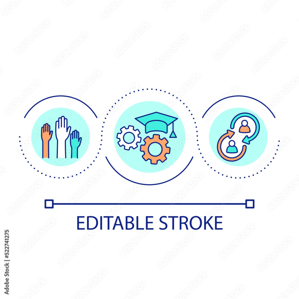 Equal academic opportunities loop concept icon. Student collaboration abstract idea thin line illustration. Cooperative learning. Isolated outline drawing. Editable stroke. Arial font used Equal academic opportunities loop concept icon. Student collaboration abstract idea thin line illustration. Cooperative learning. Isolated outline drawing. Editable stroke. Arial font used