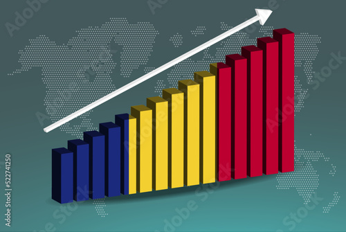 Romania 3D bar chart graph vector, upward rising arrow on data, country statistics concept