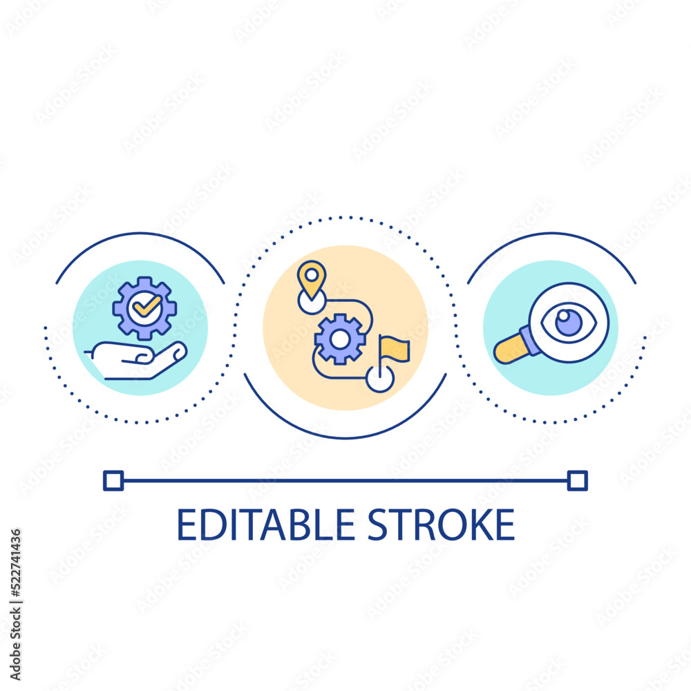 Progress monitoring loop concept icon. Performance assessment abstract idea thin line illustration. Learning journey. Accomplishing goal. Isolated outline drawing. Editable stroke. Arial font used
