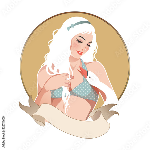 Retro cartoon style PinUp girl lovingly looking at a swan. July and August. French Republican Calendar. Isolated on white background