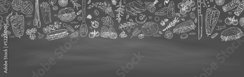 Popular fast food doner shawarma meat and vegetables and ingredients on background. Top view. Vector illustration. Engraved design.