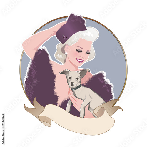 Retro cartoon style PinUp blonde girl wearing a fur hat and stole, carrying a puppy. October and November. French Republican Calendar. Isolated on white background.