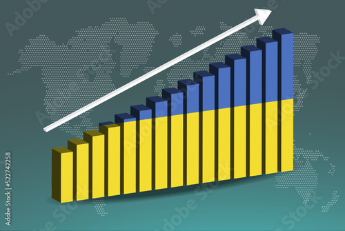 Ukraine 3D bar chart graph vector, upward rising arrow on data, country statistics concept