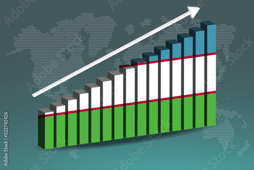 Uzbekistan 3D bar chart graph vector, upward rising arrow on data, country statistics concept