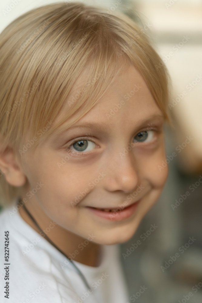 Close-up portrait of blond boy with blue eyes looking into the camera. Fair-haired child smiling. Close-up portrait of blond boy with blue eyes looking into the camera. Fair-haired child smiling.