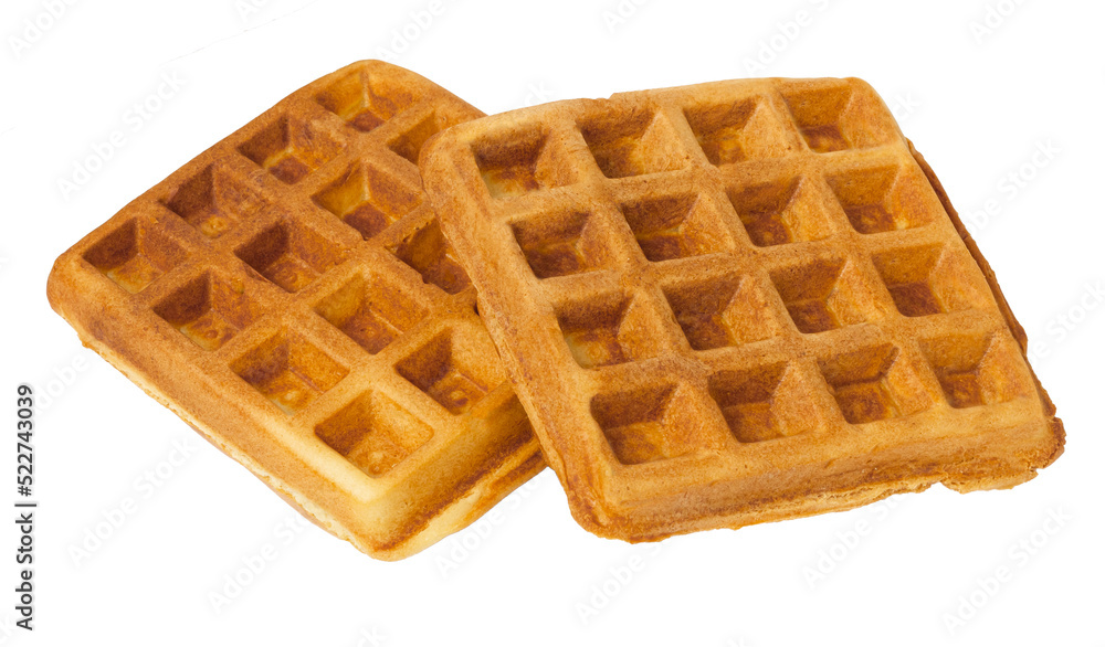 A pair of Belgian waffles isolated on a white background. Toasted waffle. A pair of Belgian waffles isolated on a white background. Toasted waffle.
