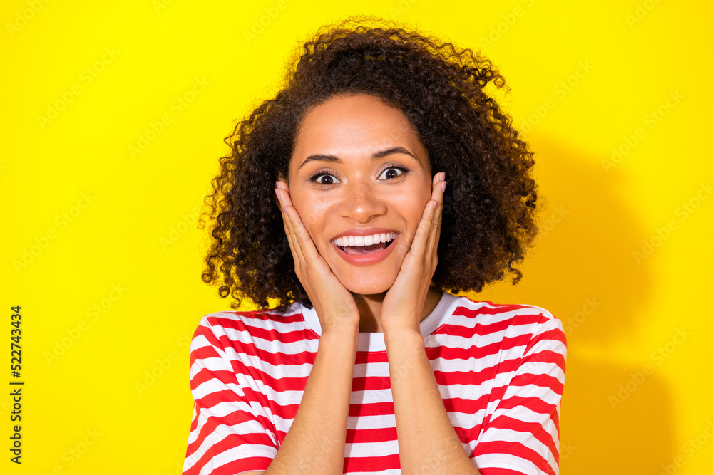 Closeup photo of young gorgeous lady unexpected looking you how beautiful person isolated on yellow color background Closeup photo of young gorgeous lady unexpected looking you how beautiful person isolated on yellow color background