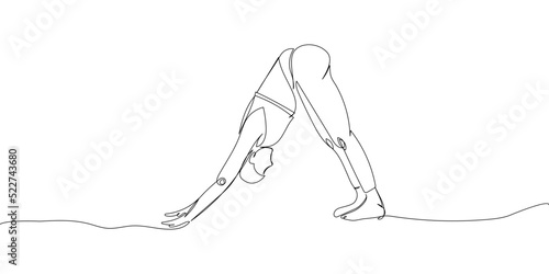 Girl doing yoga, downward facing dog pose one line art. Continuous line drawing sports, fitness, pilates, athletics, strength, athletic, asana, athlete, woman, gym, stretching, sexy body workout.