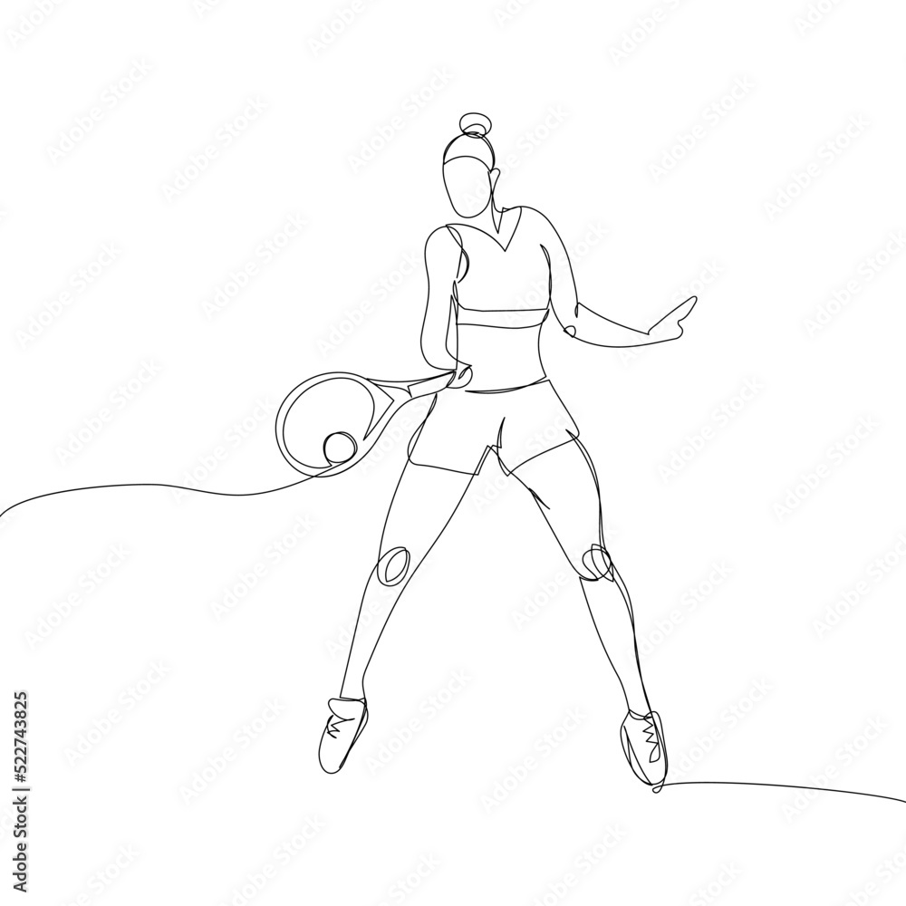 Girl tennis player with racket, racquet one line art. Continuous line drawing hit the ball, competition, sport, woman, athlete, leisure, hobby, championship, tournament.