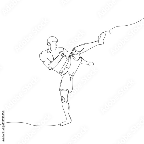 Kickboxer kicking, mixed martial arts fighter one line art. Continuous line drawing boxing, battle, MMA, strength, kickboxing, taekwondo, fights without rules, sport. Hand drawn vector illustration