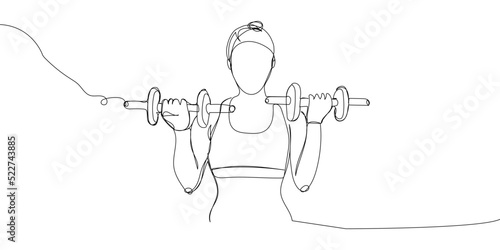 Girl with stacked dumbbells one line art. Continuous line drawing sports, fitness, physical education, bodybuilding, muscle building, gym, sexy body, woman.