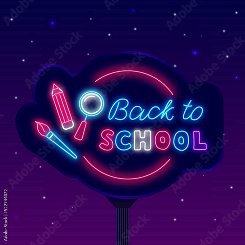 Back to school neon billboard. Street glowing advertising. Circle frame with stationery. Vector stock illustration