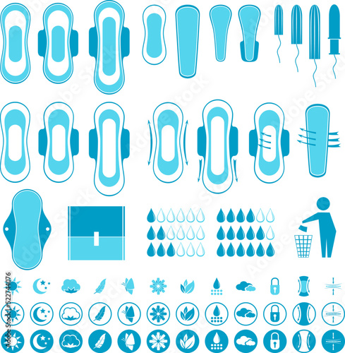 Feminine hygiene products. Sanitary pads, tampons and pantyliners means a daily personal hygiene.