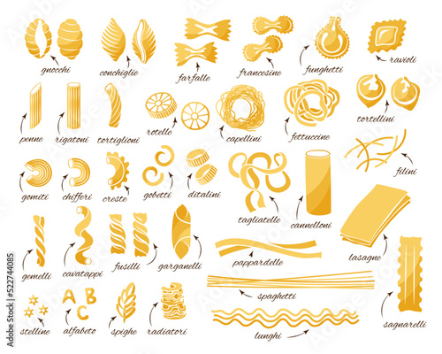Pasta collection. Set of different type of pasta.