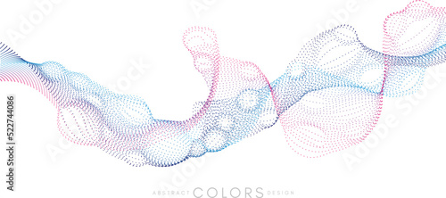 Colorful waveform surface from particulars. Abstract vector dynamic background with motion effects and bubble design elements.
