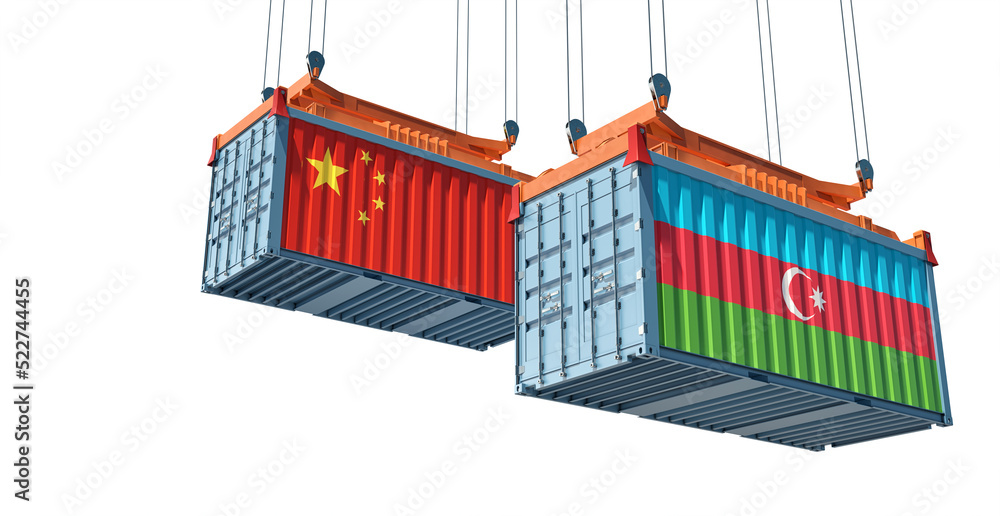 Cargo containers with China and Azerbaijan national flags. 3D Rendering Cargo containers with China and Azerbaijan national flags. 3D Rendering