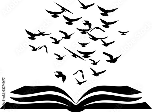 Book with flying up birds . Vector isolated decoration element from scattered silhouettes. Conceptual illustration of creative learning and motivation for communication.