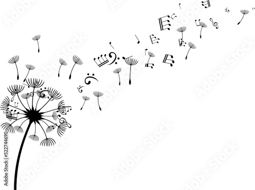 Dandelion with flying notes and seeds. Vector isolated decoration element from scattered silhouettes. Conceptual illustration of freedom and serenity.