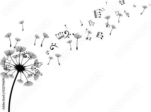 Dandelion with flying notes and seeds. Vector isolated decoration element from scattered silhouettes. Conceptual illustration of freedom and serenity.