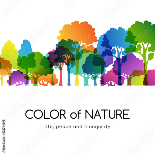 Rainbow season forest. Vector illustration of colorful trees. Bright decoration concept of landscape, park, wild nature or season forest.