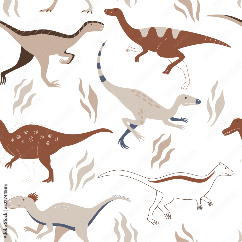 Cute dinosaurs on a white background run between plants. Seamless pattern with wild prehistoric animals