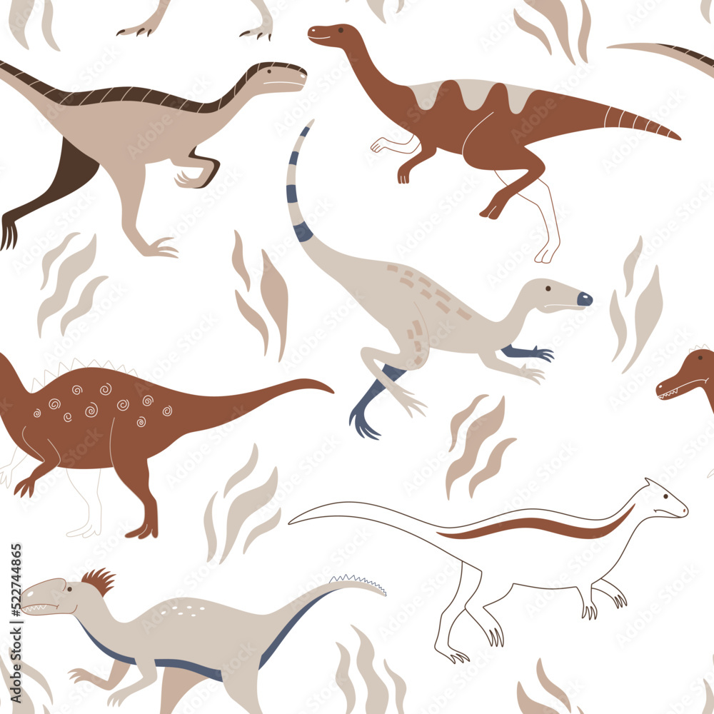 Cute dinosaurs on a white background run between plants. Seamless pattern with wild prehistoric animals Cute dinosaurs on a white background run between plants. Seamless pattern with wild prehistoric animals