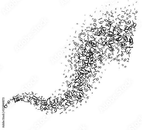 Curve line from flying numbers. Vector decoration from scattered elements. Monochrome isolated silhouette. Conceptual illustration.