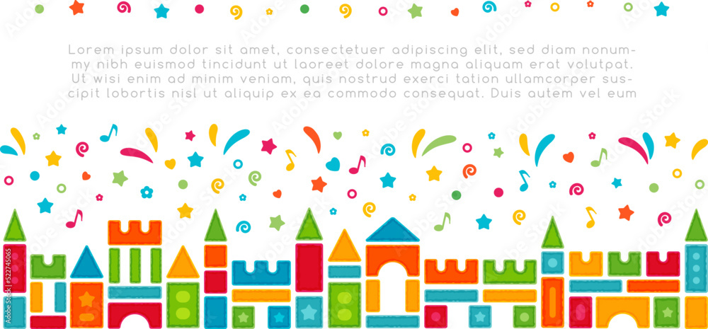 Kids castle from colorful toy blocks with festive confetti. Horizontal border. Child's vector decoration