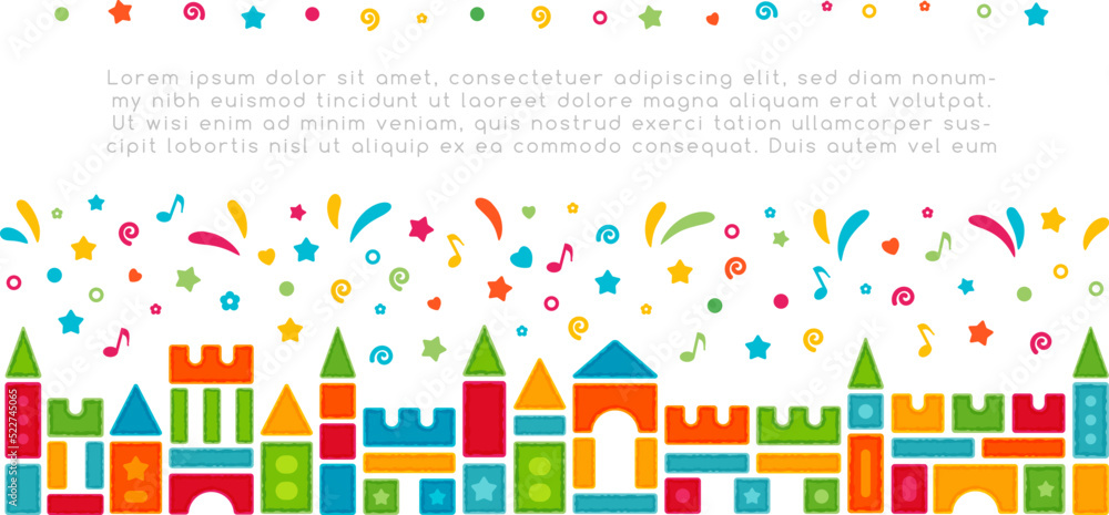 Kids castle from colorful toy blocks with festive confetti. Horizontal border. Child's vector decoration Kids castle from colorful toy blocks with festive confetti. Horizontal border. Child's vector decoration