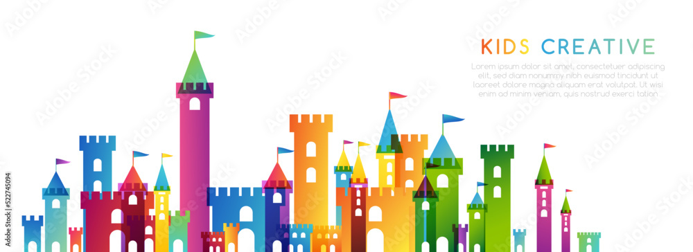 Kids imagination castle. Colorful childhood fantasy fort with rainbow towers. Horizontal border for design kids club, preschool room or kindergarten