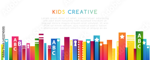 Colorful books. Horizontal border. Kids creative conceptual vector illustration.