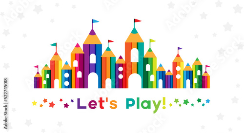 Kids castle from colorful pencils. Childhood fantasy fort with rainbow towers. Horizontal border for design kids club, preschool room or kindergarten