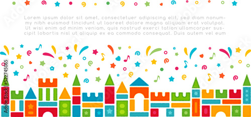 Kids castle from colorful toy blocks with festive confetti. Horizontal border. Child's vector decoration