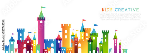 Kids imagination castle. Colorful childhood fantasy fort with rainbow towers. Horizontal border for design kids club, preschool room or kindergarten