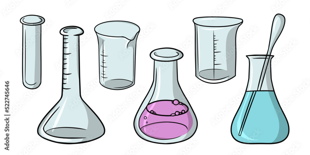 A set of various empty glass flasks and with a solution for experiments, vector cartoon A set of various empty glass flasks and with a solution for experiments, vector cartoon